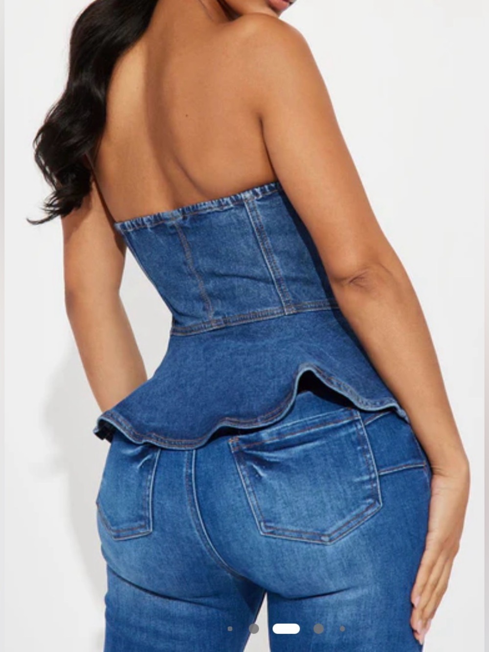 Strapless Peplum Denim Top- Blue - Picture 2 of 4